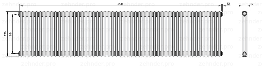 Схема (чертеж) Радиатор Zehnder Charleston 2075/53 №1270 Белый глянцевый RAL 9016